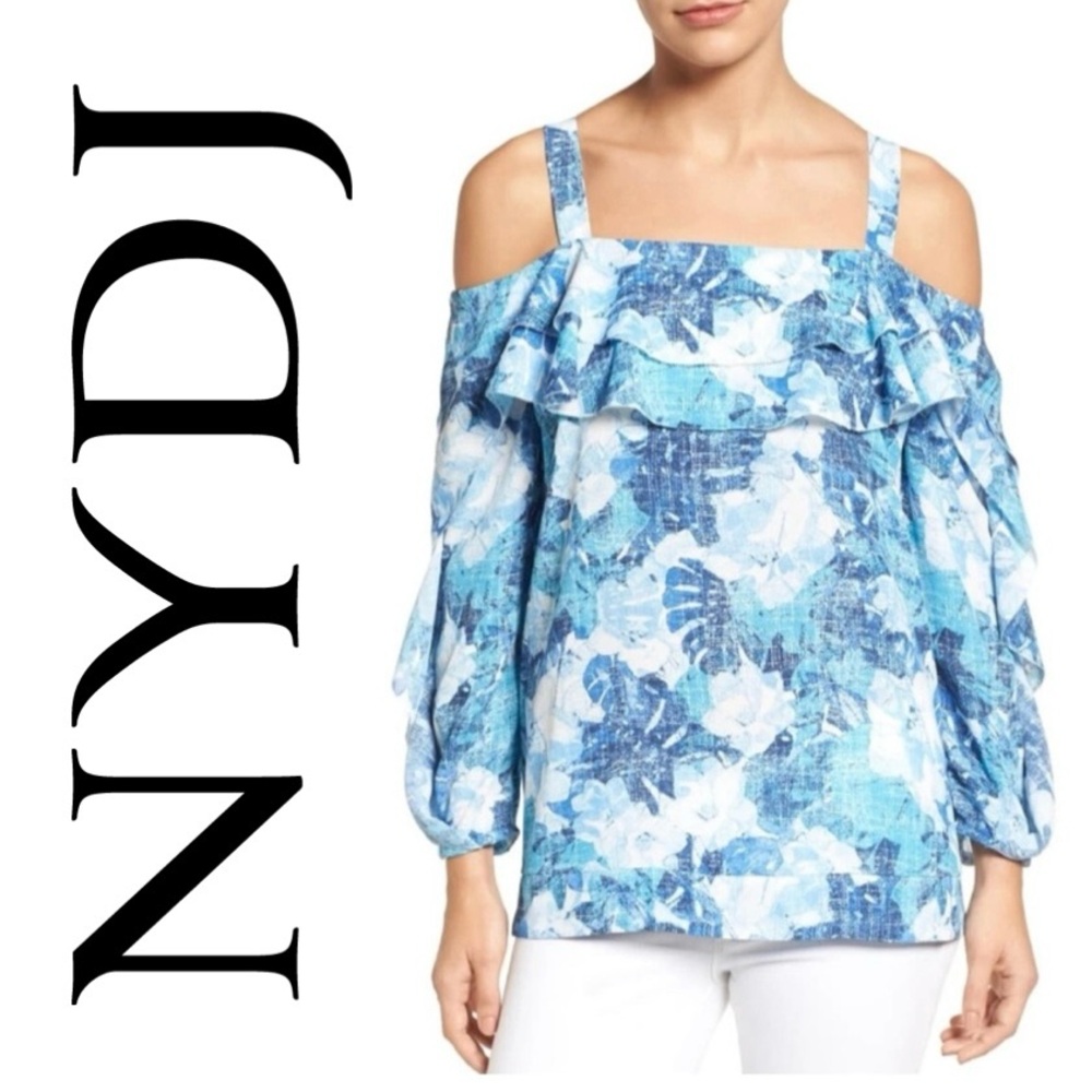 NYDJ Floral Cold Shoulder Top Blue White Ruffle Tunic Blouse Long Sleeve Women S